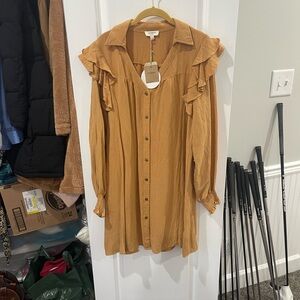 Umgee khaki color Ruffle-Detail Button-Front Long Sleeve Dress